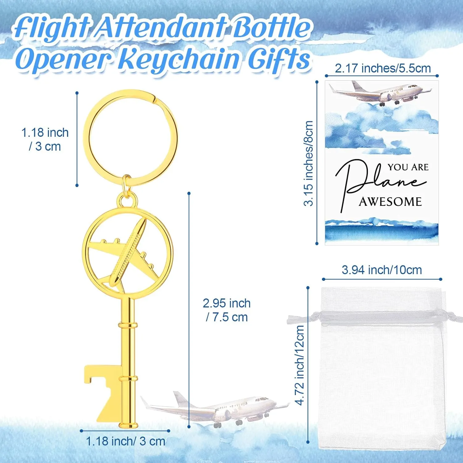 18 Sets Flight Attendant Gifts Airplane Bottle Opener Keychains with Inspirational Cards Travel Adventure Party Favor