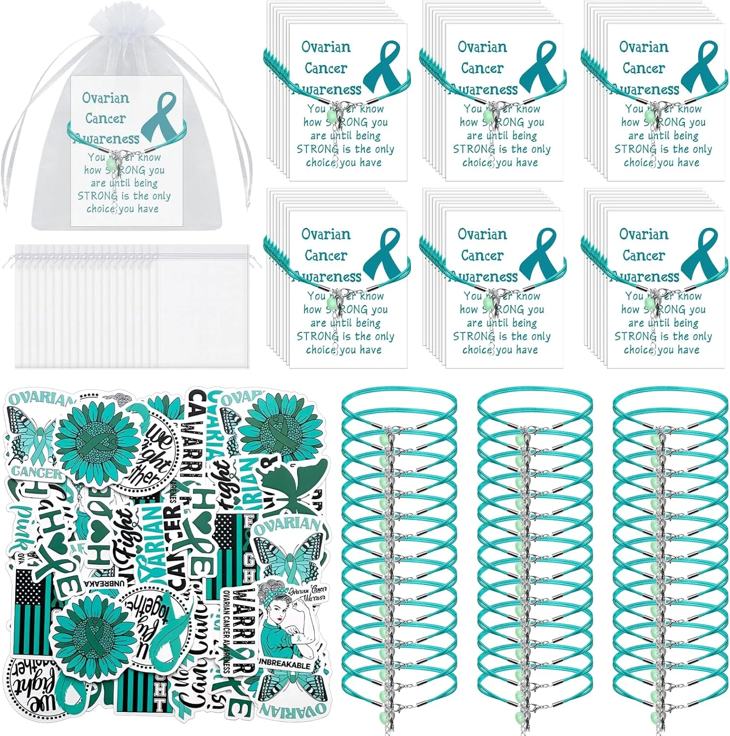 190 Pcs Sexual Ovarian Cancer Awareness Products Set Include 30 Ovarian Cancer Awareness Bracelets 30 Cards 30 Bags 100 Stickers Awareness Accessories for Event Charity Awareness and Prevention