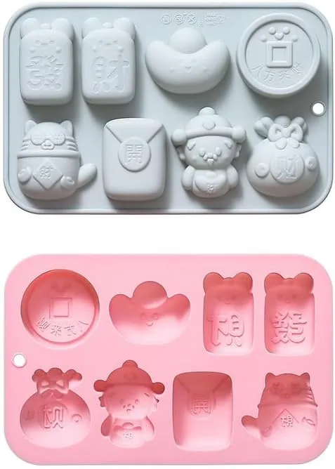 2 Pack Gold ingots, Copper coins, Lucky bags, God of Wealth, Attracting wealth cats Silicone Molds, Chinese Lucky Charms Themed Baking Moulds for Ice Cube, Cake, Candy, Soap, Jelly, Pudding, Wax Melts