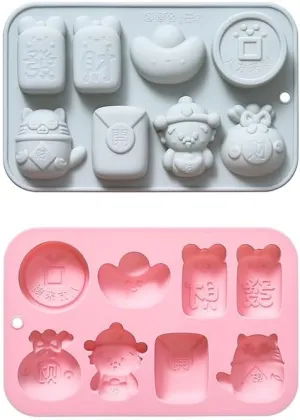 2 Pack Gold ingots, Copper coins, Lucky bags, God of Wealth, Attracting wealth cats Silicone Molds, Chinese Lucky Charms Themed Baking Moulds for Ice Cube, Cake, Candy, Soap, Jelly, Pudding, Wax Melts