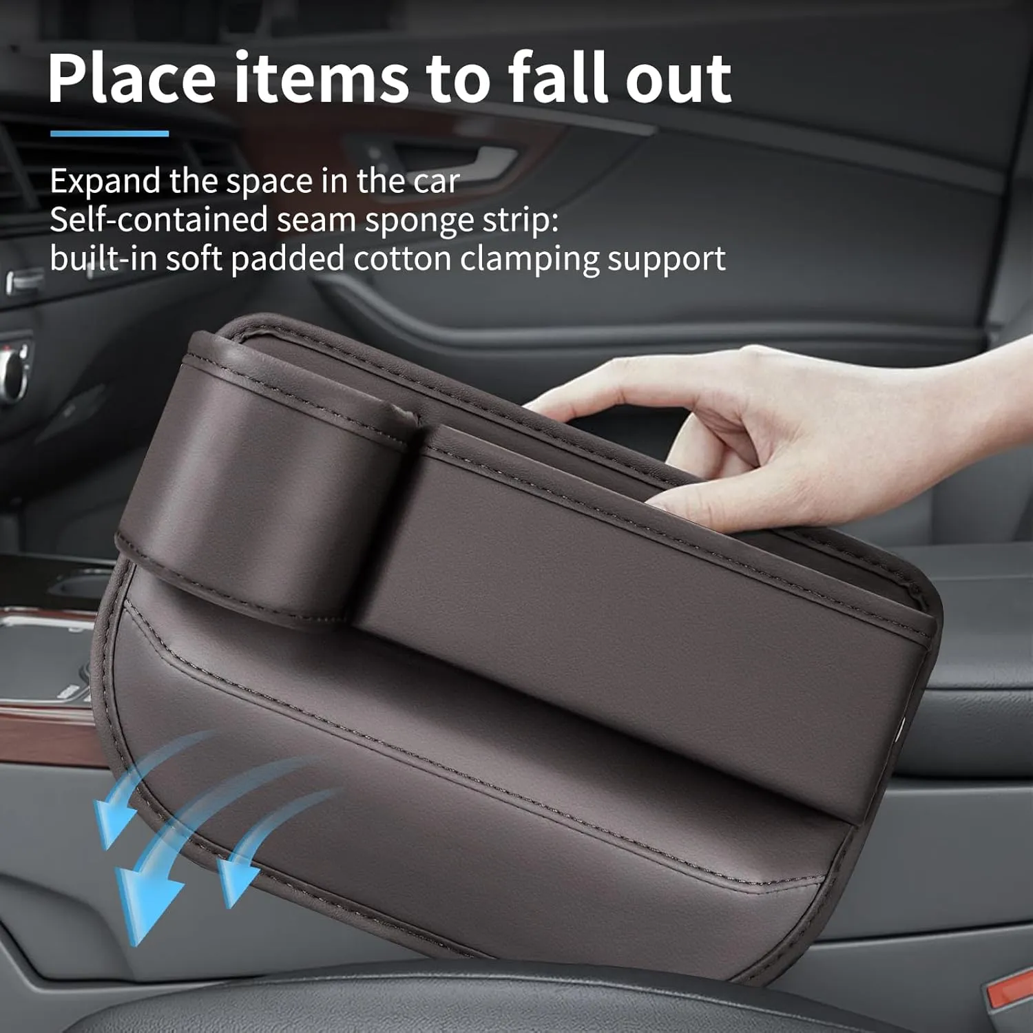 2 Pack Leather Car Seat Gap Filler Organizer, Universal Seam Filler With Cup Holder Bag, Adjustable for Phones, Keys (Brown)