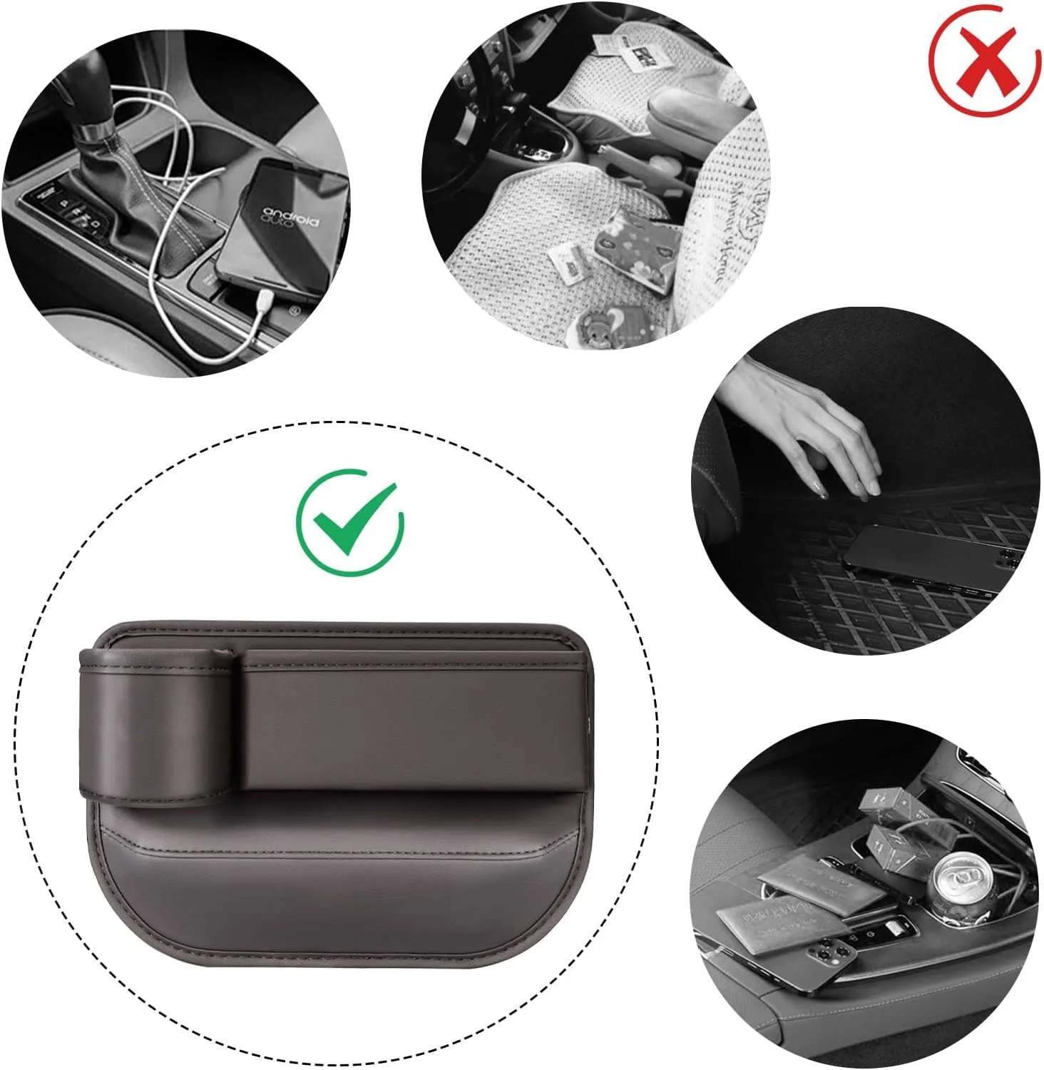 2 Pack Leather Car Seat Gap Filler Organizer, Universal Seam Filler With Cup Holder Bag, Adjustable for Phones, Keys (Brown)