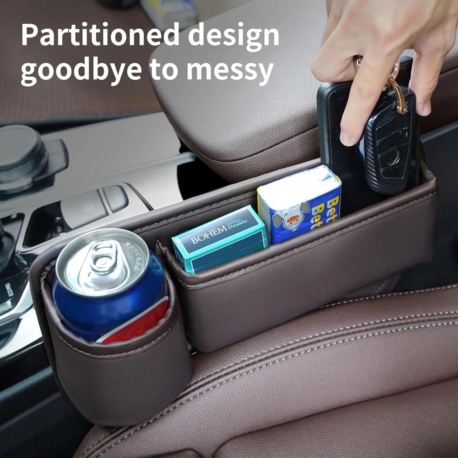 2 Pack Leather Car Seat Gap Filler Organizer, Universal Seam Filler With Cup Holder Bag, Adjustable for Phones, Keys (Brown)