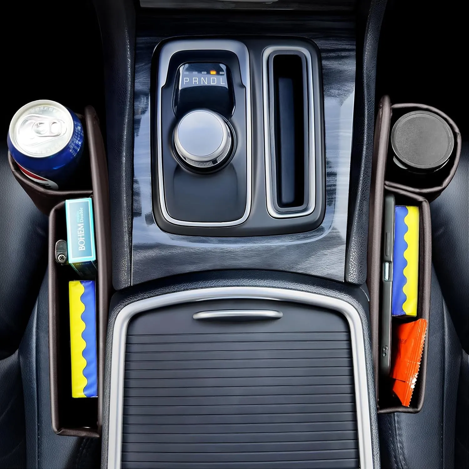 2 Pack Leather Car Seat Gap Filler Organizer, Universal Seam Filler With Cup Holder Bag, Adjustable for Phones, Keys (Brown)
