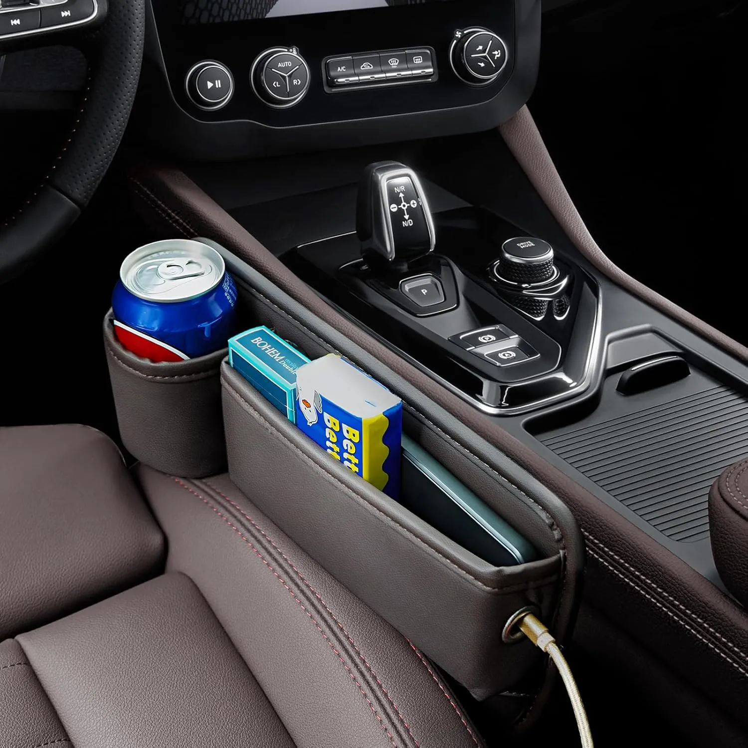 2 Pack Leather Car Seat Gap Filler Organizer, Universal Seam Filler With Cup Holder Bag, Adjustable for Phones, Keys (Brown)