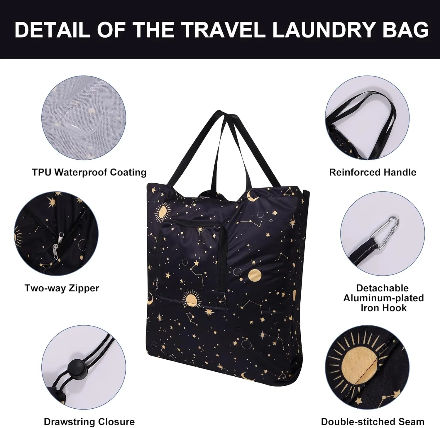 2 Pack Travel Laundry Bag with Handle and Drawstring, Expandable Foldable Dirty Clothes Bags with Hook and Zipper, Lightweight Waterproof Laundry Hamper Liner for Travel, Home, College Dorm,