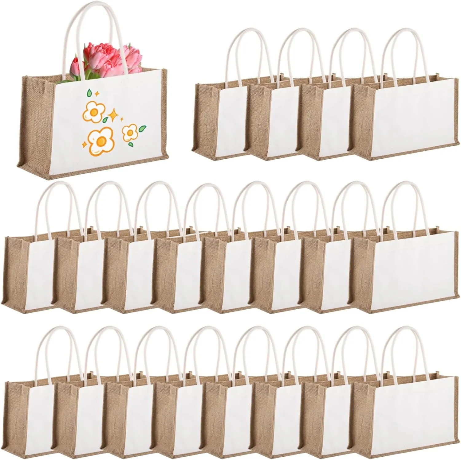 20 Pack Burlap Tote Bags, Reusable Jute Tote Bags with Handles, Blank Canvas Grocery Bag for Wedding Gift Beach Shopping DIY, 12.6"×8.3"×5.1"