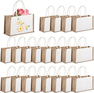 20 Pack Burlap Tote Bags, Reusable Jute Tote Bags with Handles, Blank Canvas Grocery Bag for Wedding Gift Beach Shopping DIY, 12.6"×8.3"×5.1"