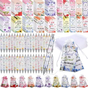 200 Pcs Bible Gifts Set Include 50 Bible Verses Notebooks 50 Christian Bookmarks 50 Scripture Ballpoint Pens 50 White Organza Bags for School Office Church Motivational Gift (Flower)