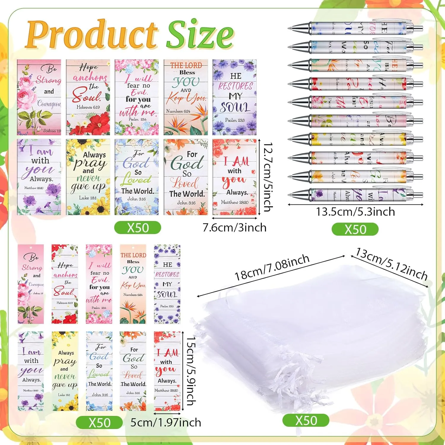 200 Pcs Bible Gifts Set Include 50 Bible Verses Notebooks 50 Christian Bookmarks 50 Scripture Ballpoint Pens 50 White Organza Bags for School Office Church Motivational Gift (Flower)