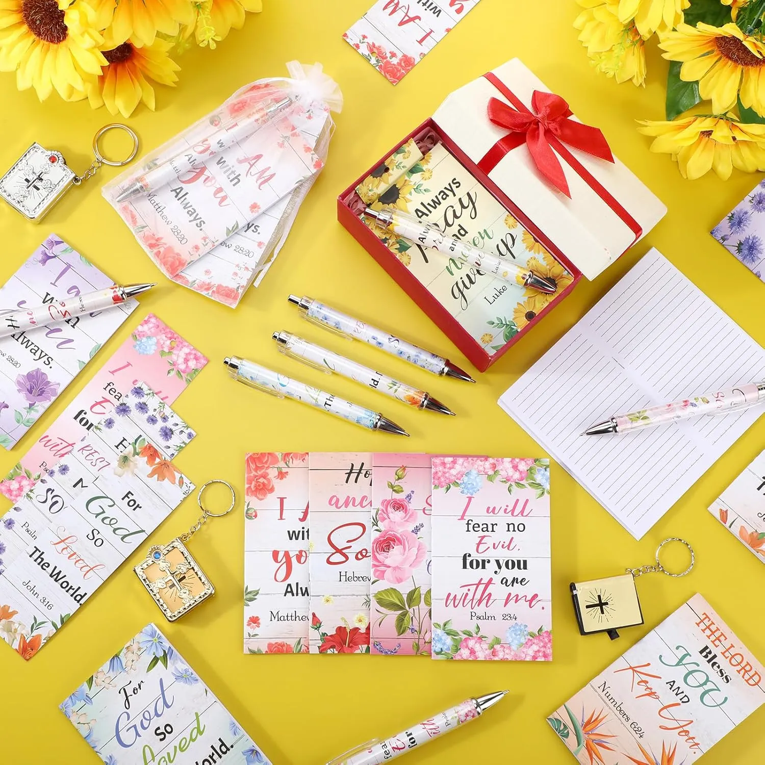 200 Pcs Bible Gifts Set Include 50 Bible Verses Notebooks 50 Christian Bookmarks 50 Scripture Ballpoint Pens 50 White Organza Bags for School Office Church Motivational Gift (Flower)