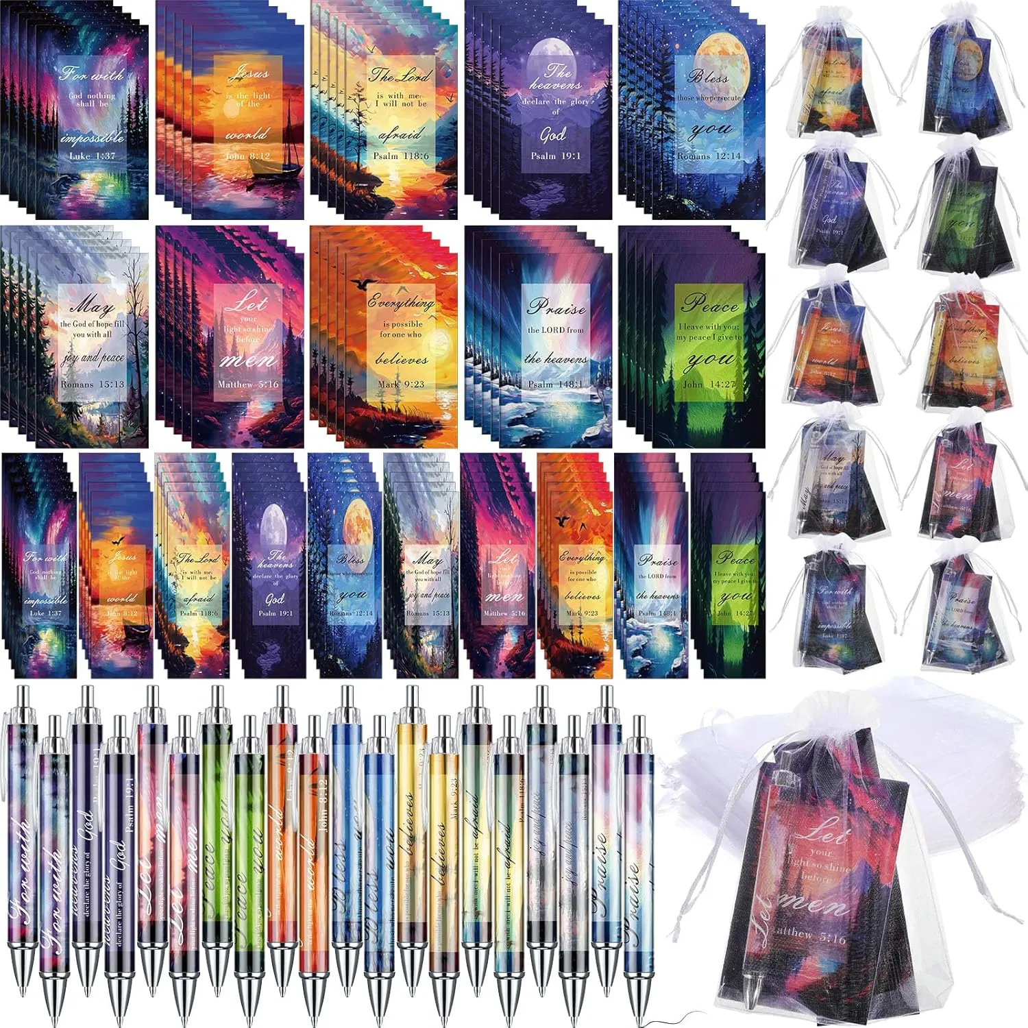 200 Pcs Bible Gifts Set Include 50 Bible Verses Notebooks 50 Christian Bookmarks 50 Scripture Ballpoint Pens 50 White Organza Bags for School Office Church Motivational Gift (Landscape)