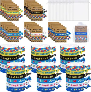 200pcs Autism Awareness Bracelet and Support Cards Include 100 Wristbands Ribbons 50 Support Cards 50 Organza Bags Autism Awareness Hair Accessories for Autism Awareness Party Public Event Advocacy