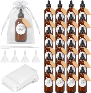 24 Pack 4oz Amber Glass Bottle with Glass Eye Droppers Boston Bottles 30 Orgenza Bags Brown Vanilla Extract Bottles for Essential Oil, Perfume and Liquid, Contains 30 Stickers, 4 Funnels, 1 Eyedropper