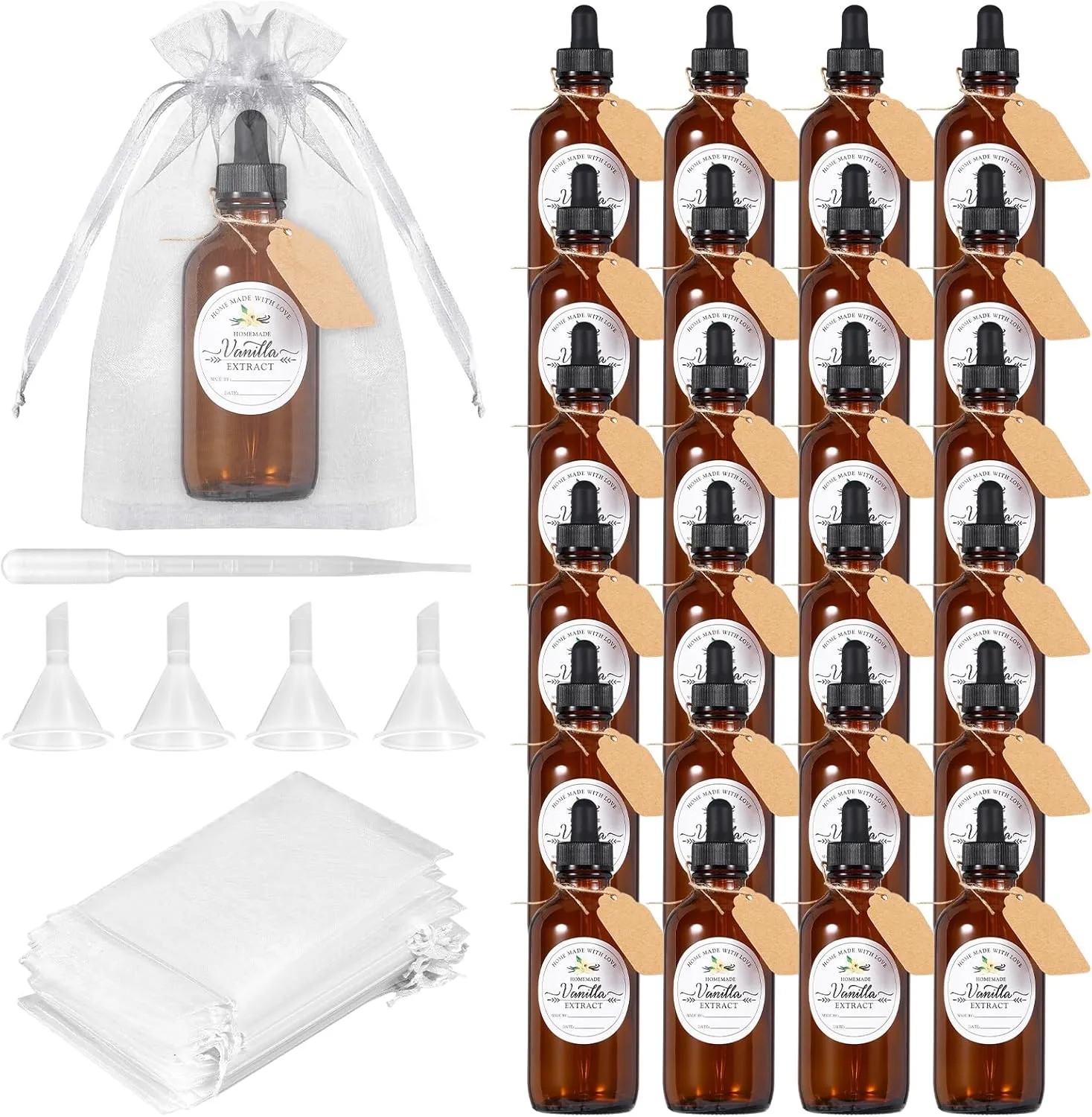 24 Pack 4oz Amber Glass Bottle with Glass Eye Droppers Boston Bottles 30 Orgenza Bags Brown Vanilla Extract Bottles for Essential Oil, Perfume and Liquid, Contains 30 Stickers, 4 Funnels, 1 Eyedropper