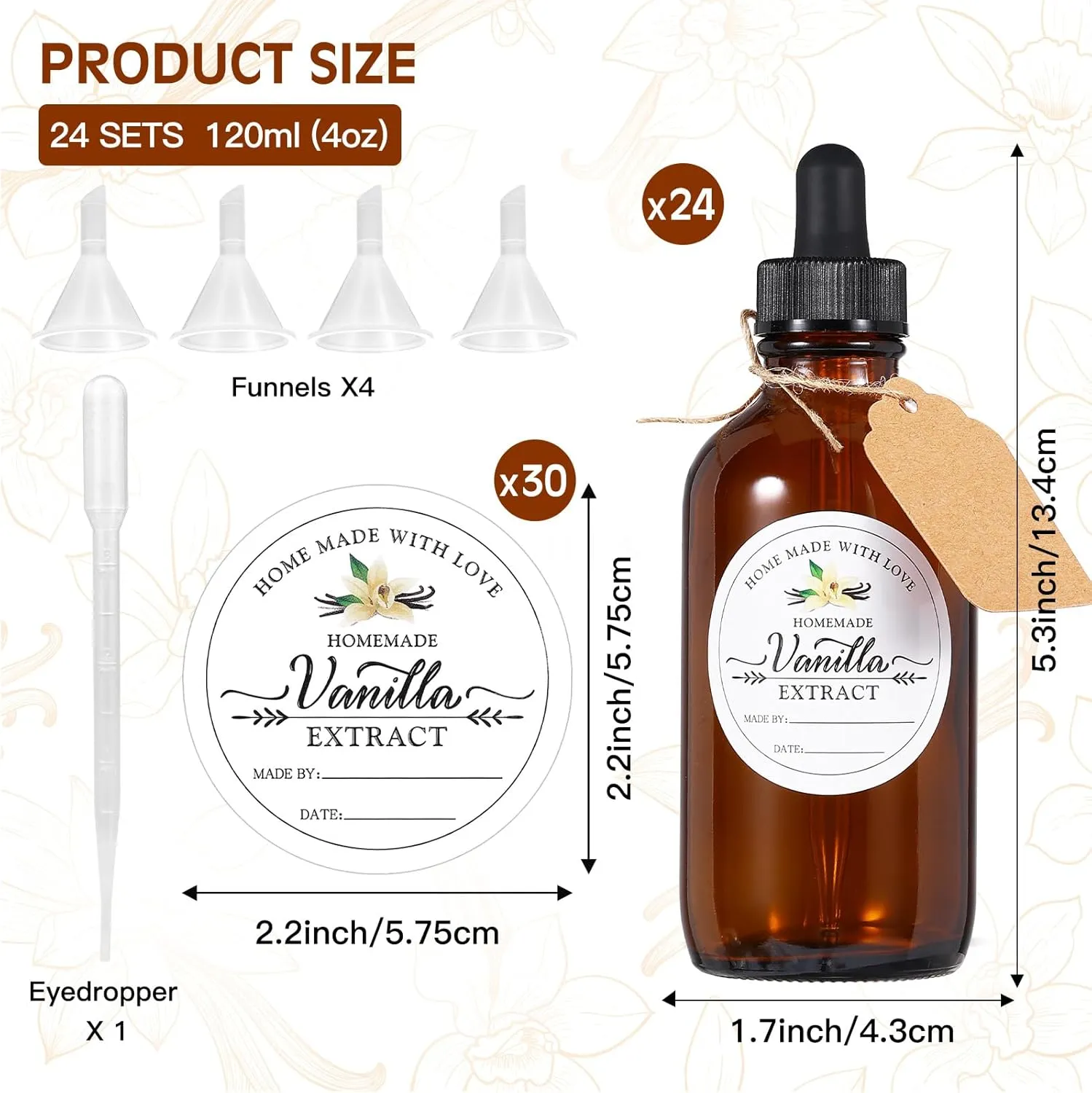 24 Pack 4oz Amber Glass Bottle with Glass Eye Droppers Boston Bottles 30 Orgenza Bags Brown Vanilla Extract Bottles for Essential Oil, Perfume and Liquid, Contains 30 Stickers, 4 Funnels, 1 Eyedropper