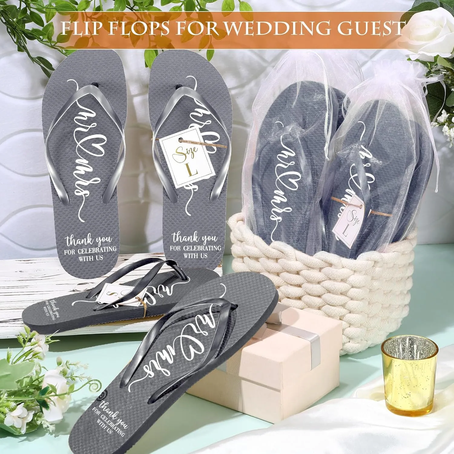 24 Pairs Wedding Flip Flops Bulk Slippers Flip Flops Women Wedding Sandals with Size Cards Drawstring Bags