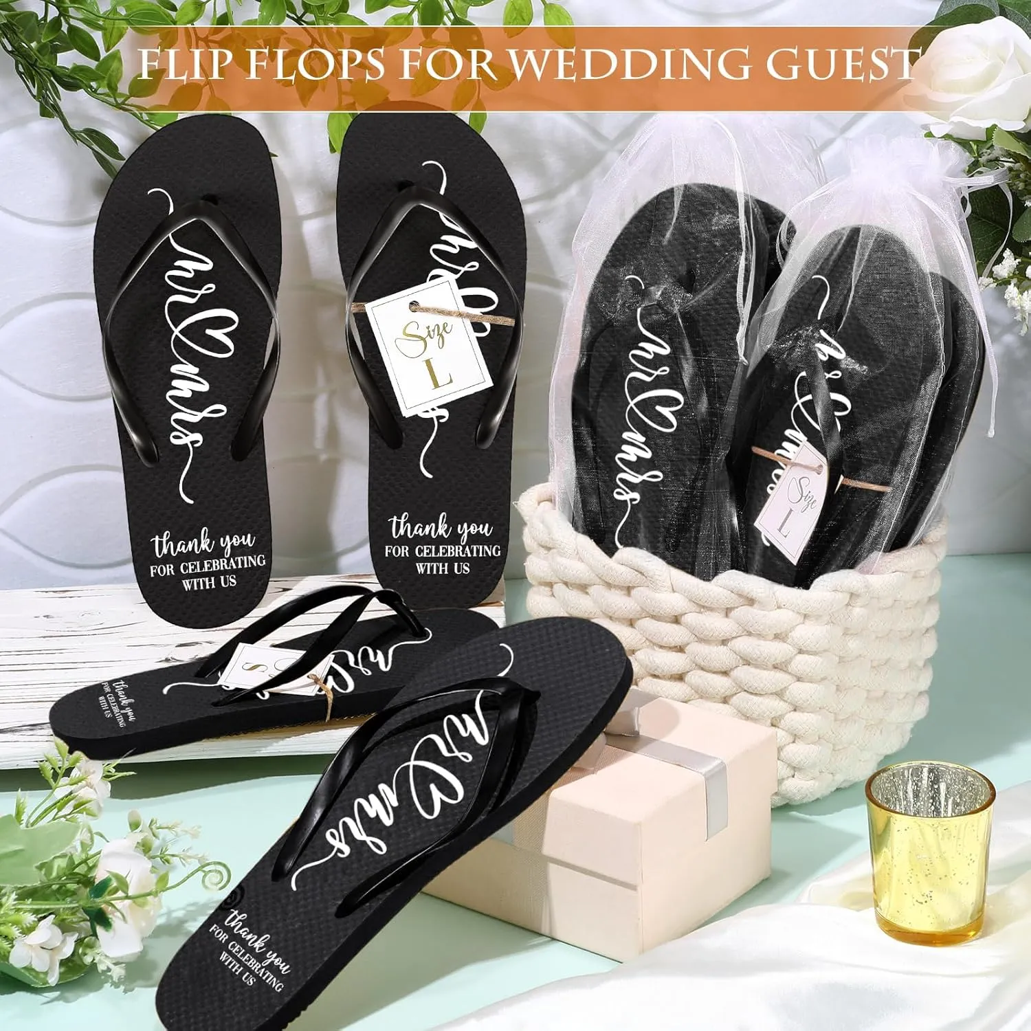 24 Pairs Wedding Flip Flops Bulk Slippers Flip Flops Women Wedding Sandals with Size Cards Drawstring Bags