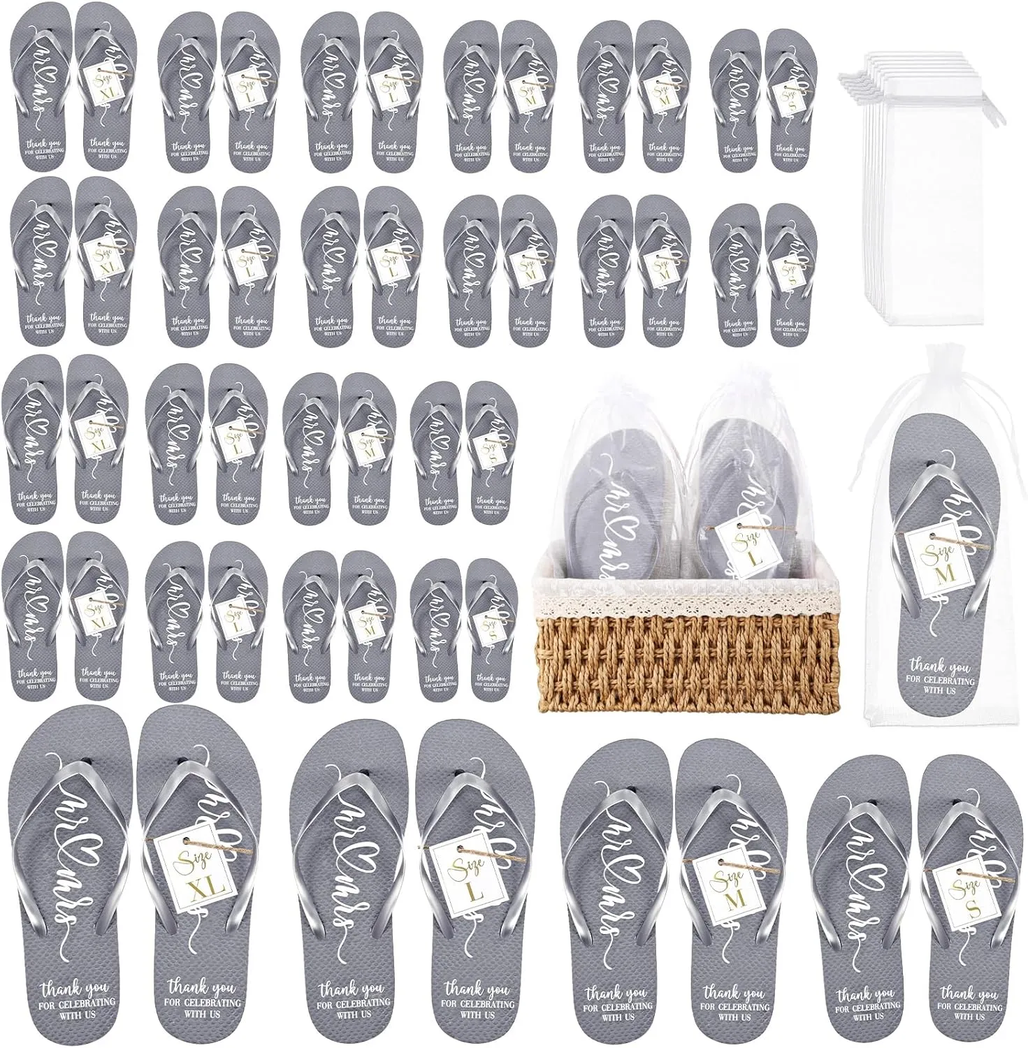 24 Pairs Wedding Flip Flops Bulk Slippers Flip Flops Women Wedding Sandals with Size Cards Drawstring Bags