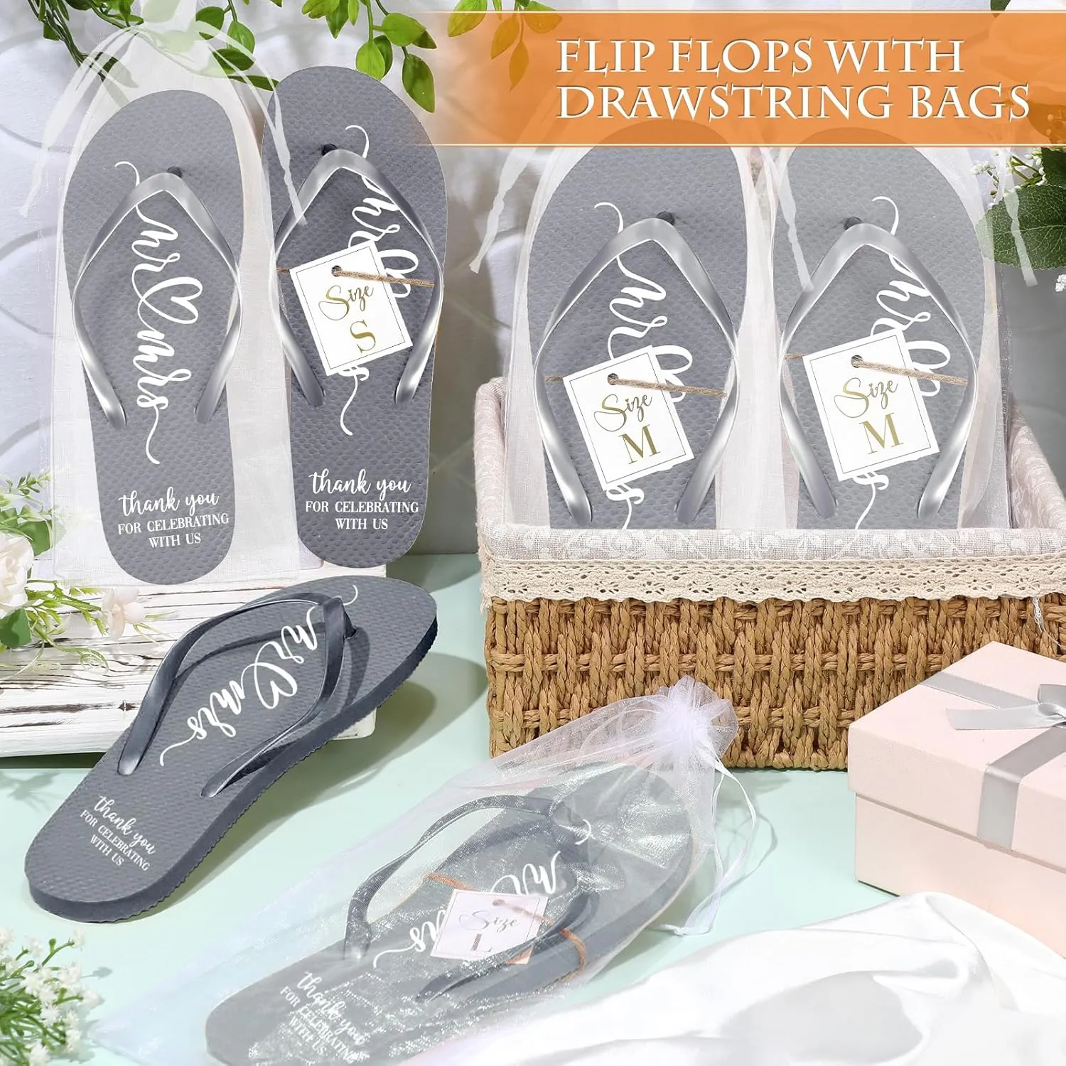 24 Pairs Wedding Flip Flops Bulk Slippers Flip Flops Women Wedding Sandals with Size Cards Drawstring Bags