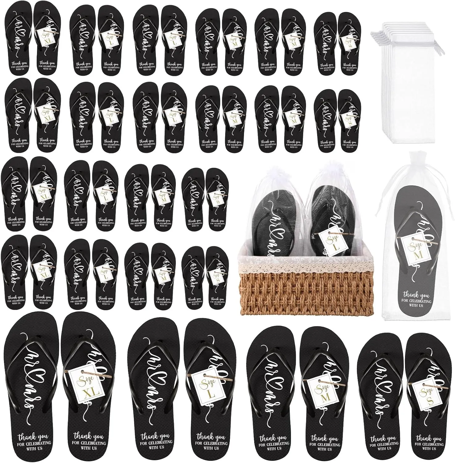 24 Pairs Wedding Flip Flops Bulk Slippers Flip Flops Women Wedding Sandals with Size Cards Drawstring Bags