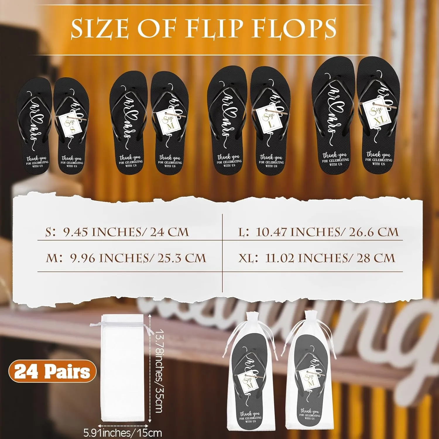 24 Pairs Wedding Flip Flops Bulk Slippers Flip Flops Women Wedding Sandals with Size Cards Drawstring Bags