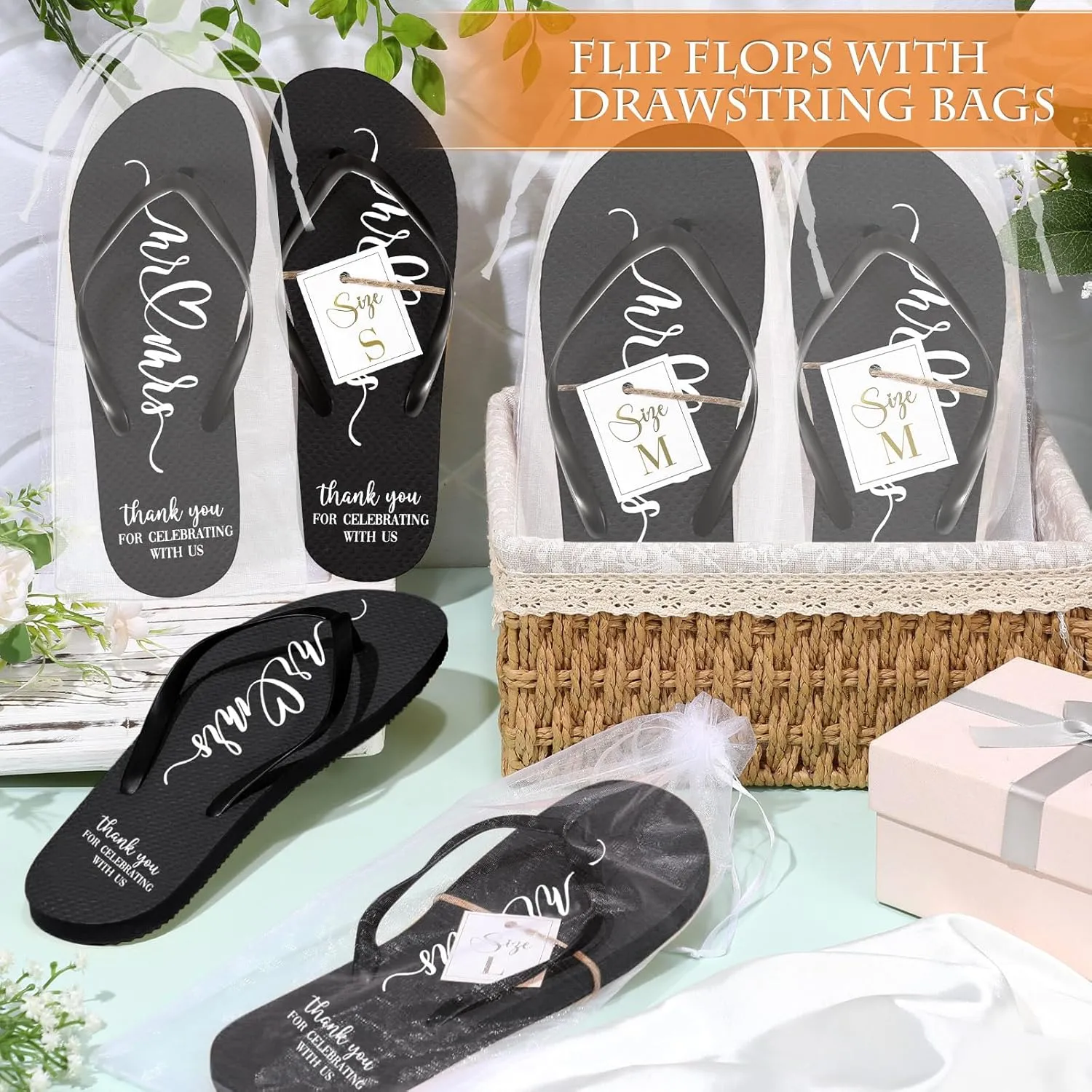 24 Pairs Wedding Flip Flops Bulk Slippers Flip Flops Women Wedding Sandals with Size Cards Drawstring Bags