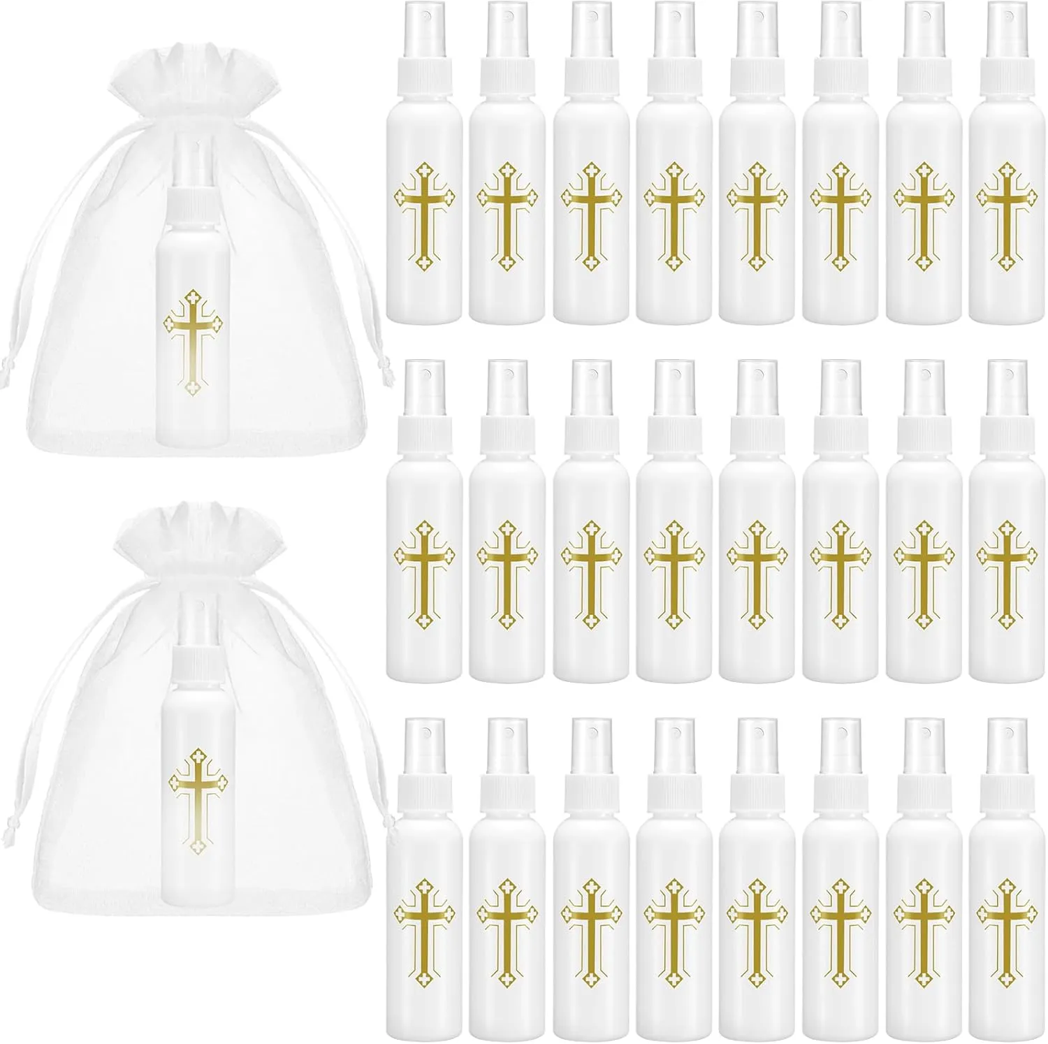 24 Pcs 2 oz Holy Water Bottles Catholic Bulk Plastic Holy Water Empty Containers with Organza Bags for Church Events Wedding Baptism Party Favors
