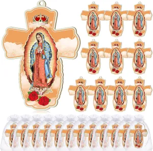 24 Pcs Our Lady of Guadalupe Wood Wall Cross with Organza Gift Bags Baptism Favors for Guests First Communion Gift Catholic Favors Recuerdos De Bautizo