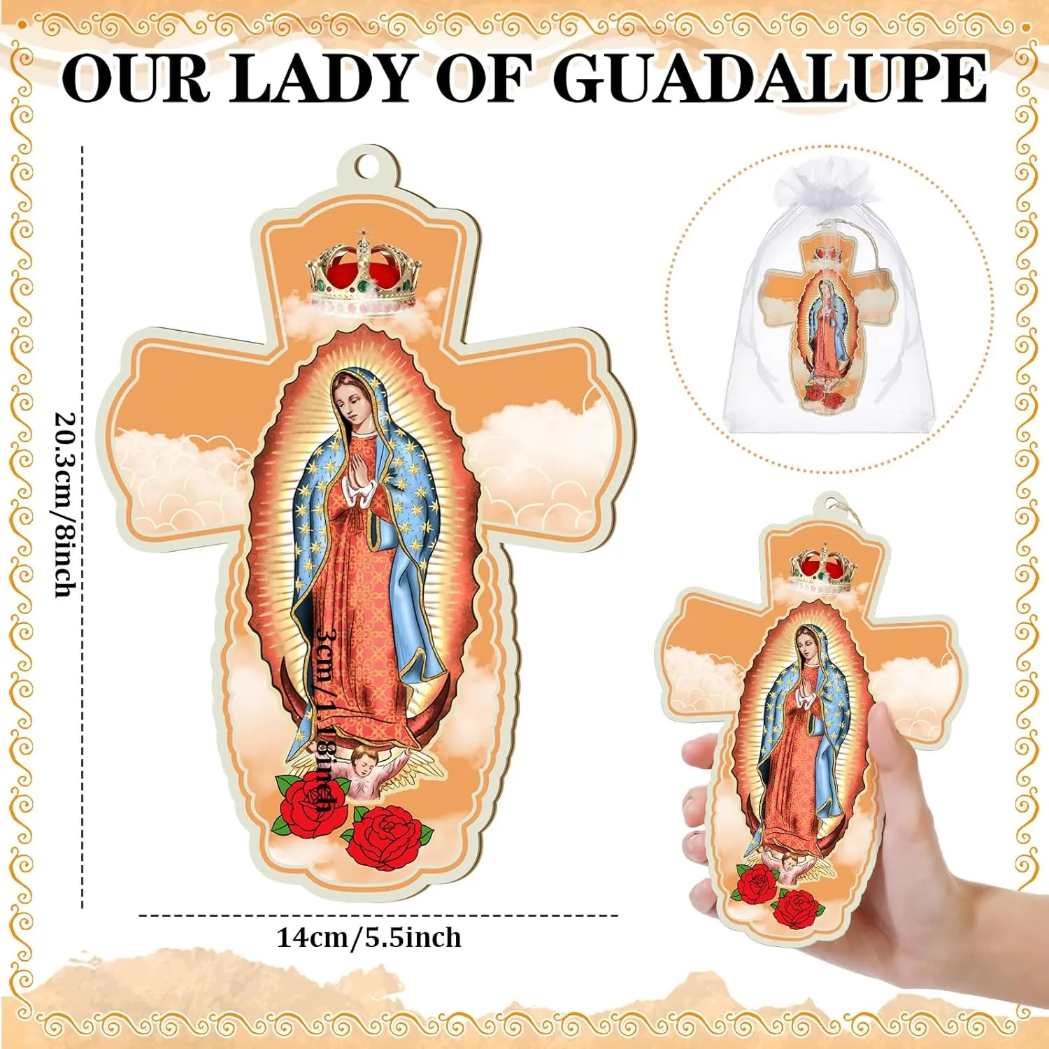 24 Pcs Our Lady of Guadalupe Wood Wall Cross with Organza Gift Bags Baptism Favors for Guests First Communion Gift Catholic Favors Recuerdos De Bautizo