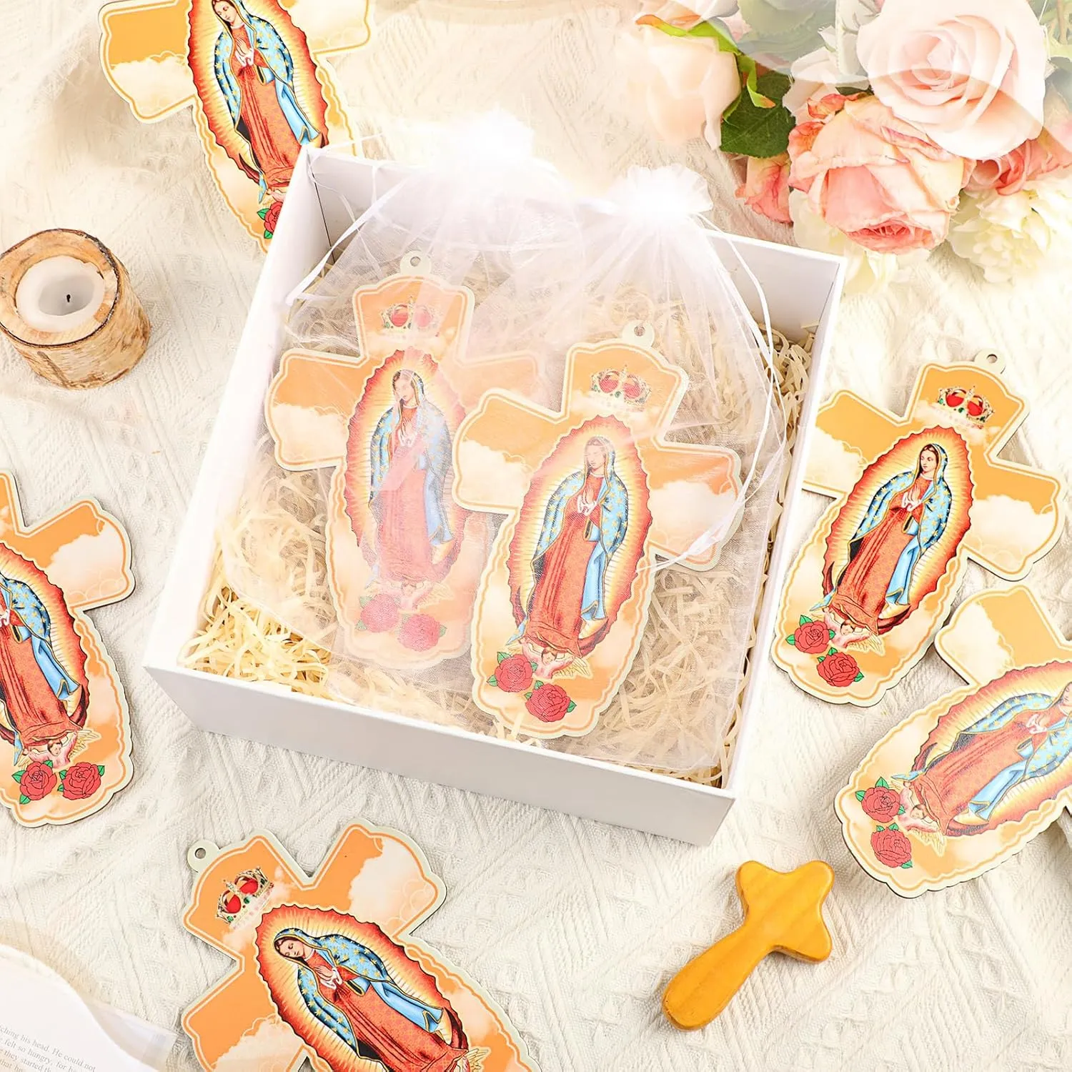24 Pcs Our Lady of Guadalupe Wood Wall Cross with Organza Gift Bags Baptism Favors for Guests First Communion Gift Catholic Favors Recuerdos De Bautizo