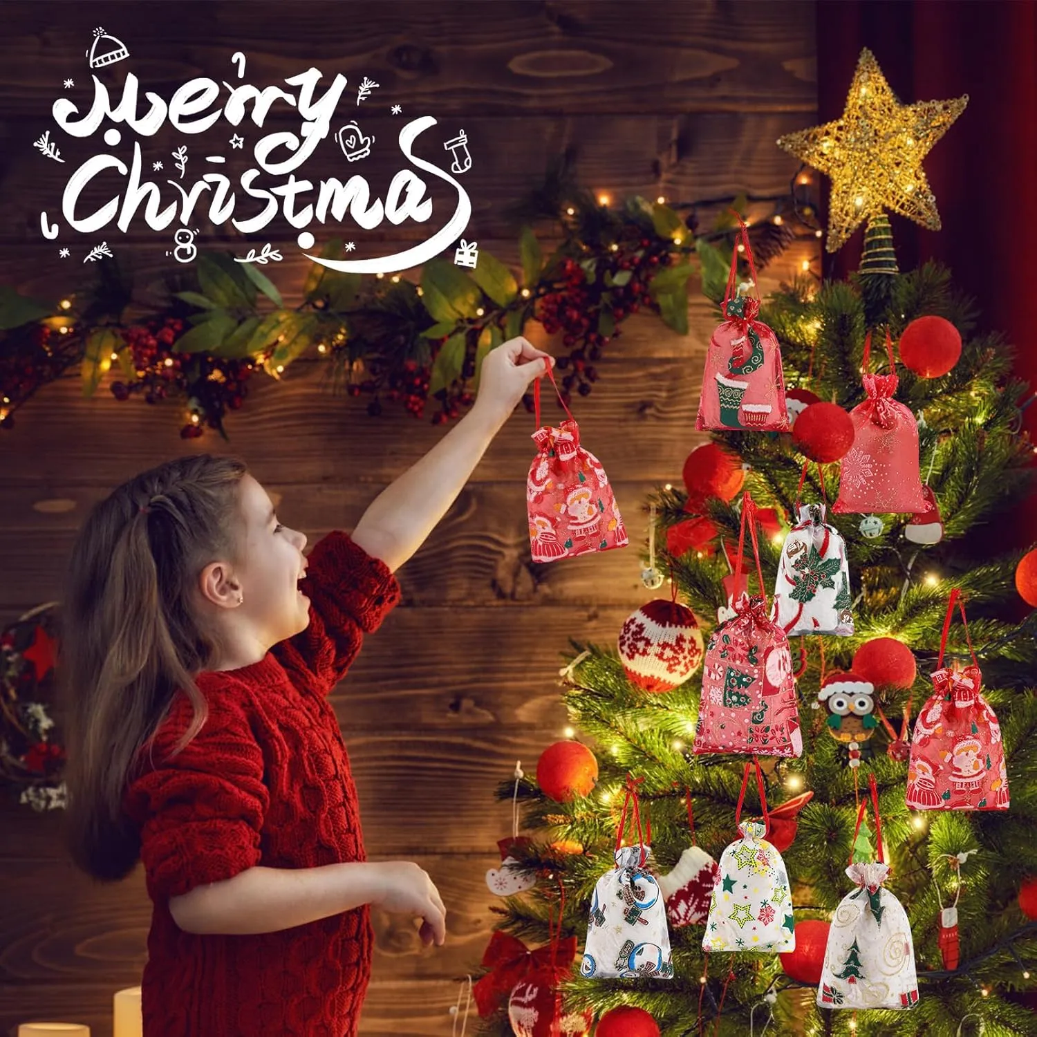 24 Pieces Small Christmas Gift Bags,Christmas Holiday New Year Party Favors, 8 Designs Organza Bags