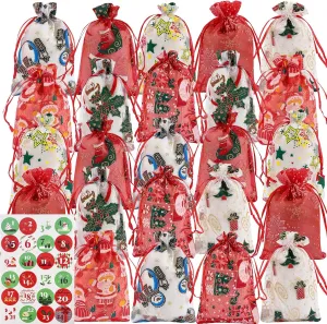 24 Pieces Small Christmas Gift Bags,Christmas Holiday New Year Party Favors, 8 Designs Organza Bags
