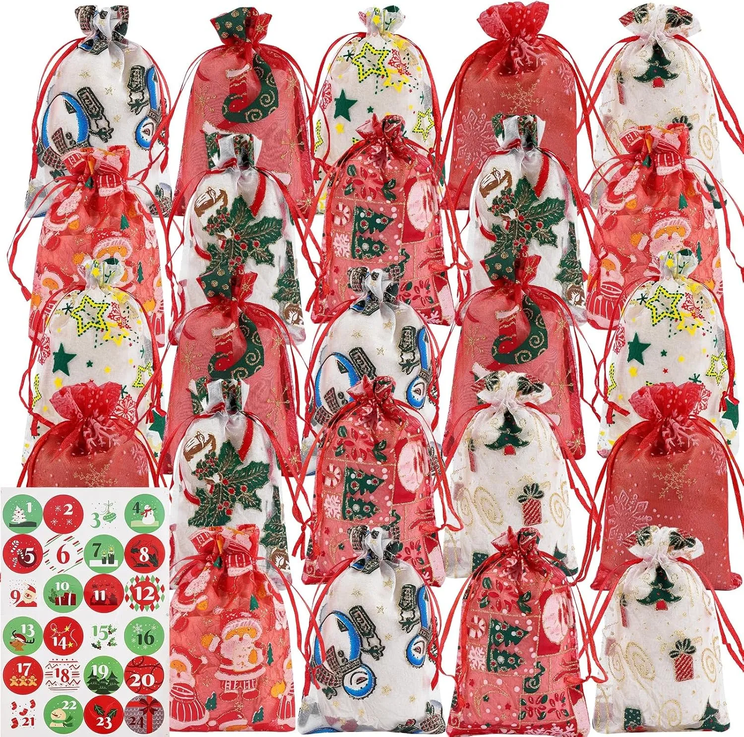 24 Pieces Small Christmas Gift Bags,Christmas Holiday New Year Party Favors, 8 Designs Organza Bags