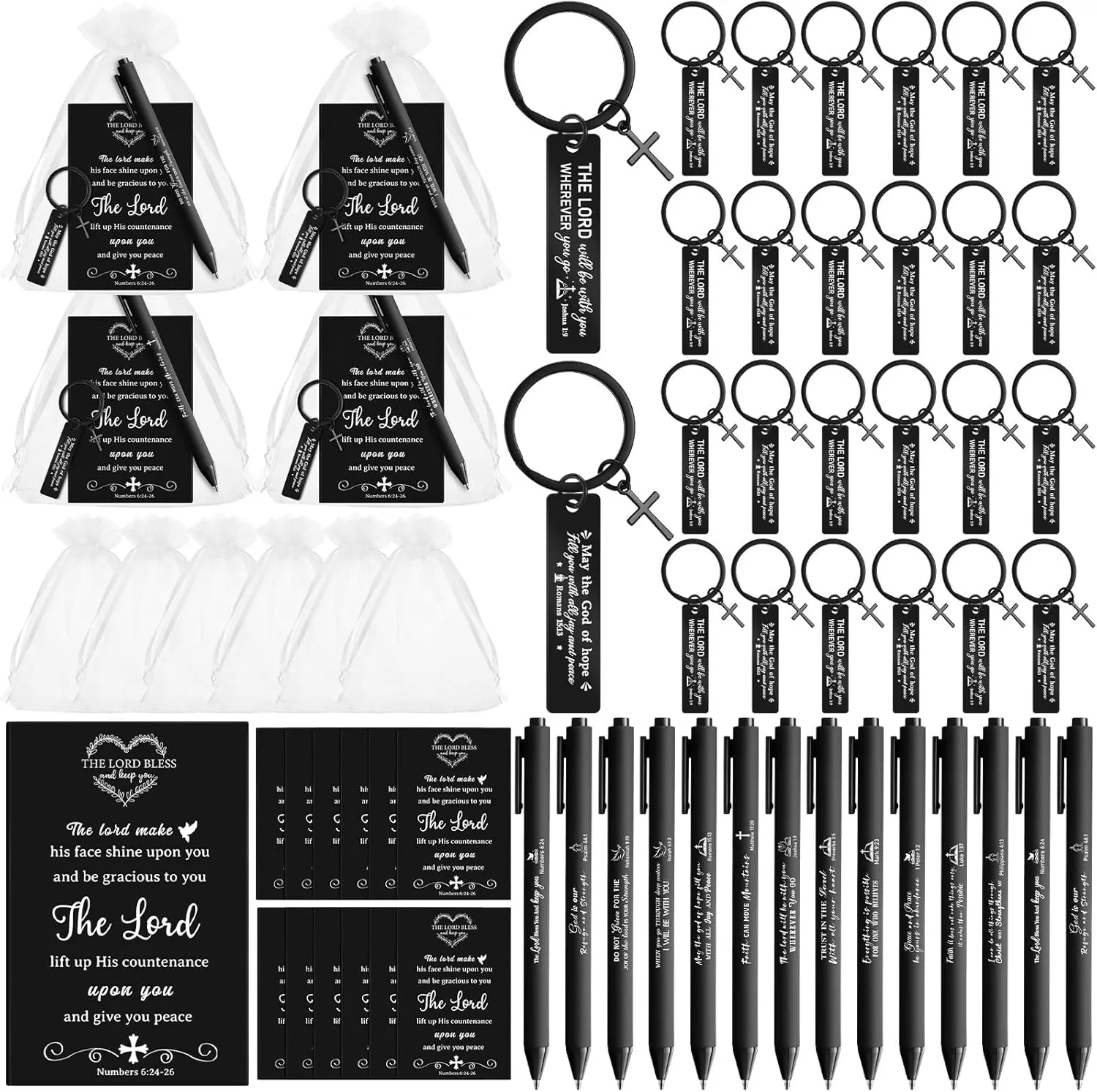 24 Set Fathers Day Gifts for Church Christian Gifts Bulk Bible Verse Pens Religious Cross Keychain Scripture Cards Organza Bags for Men Dad Father Family(Strip Keychain)