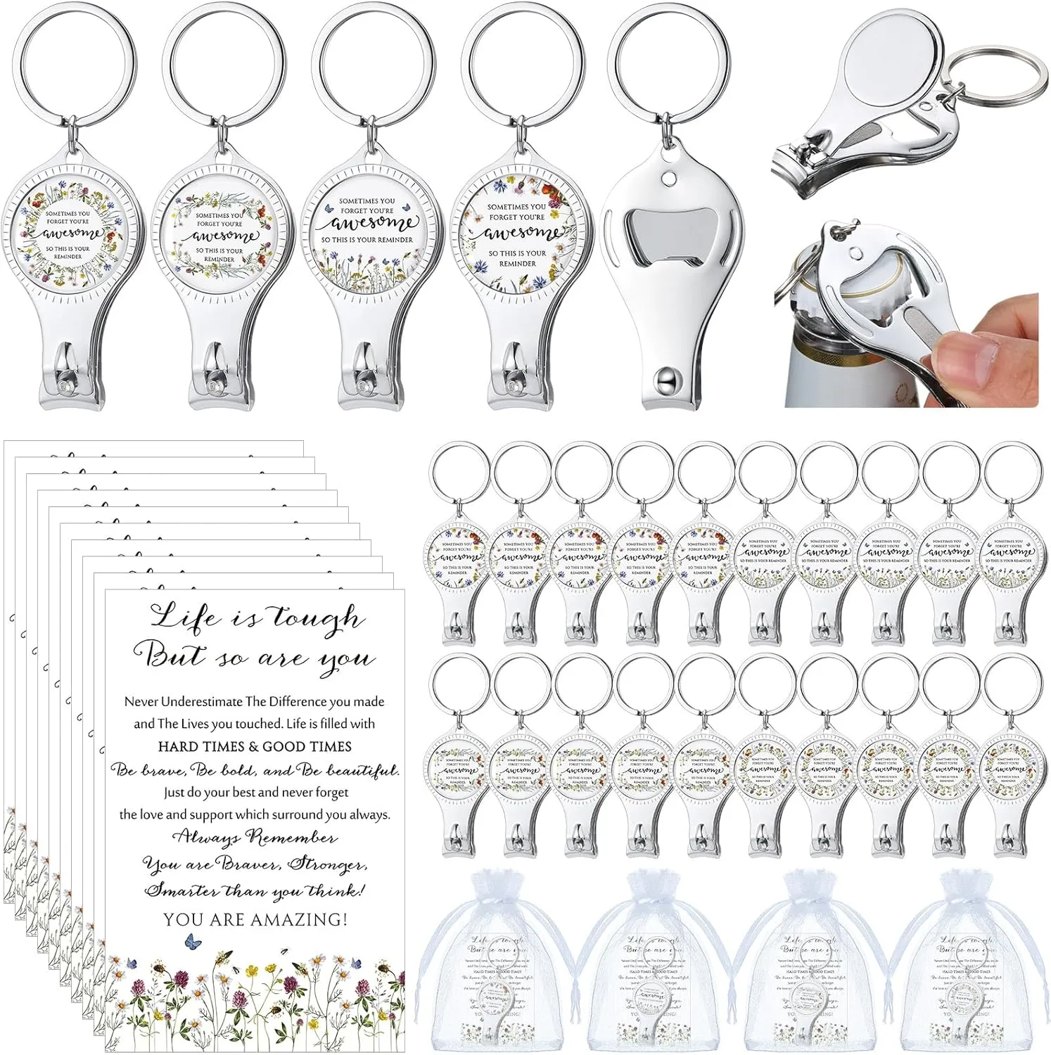 24 Sets Inspirational Gifts for Women Bulk 3 in 1 Nail Clippers Bottle Opener Keychain Sometimes You Forget You're Awesome Appreciation Gifts for Mother's Day Employee Coworker Nurse