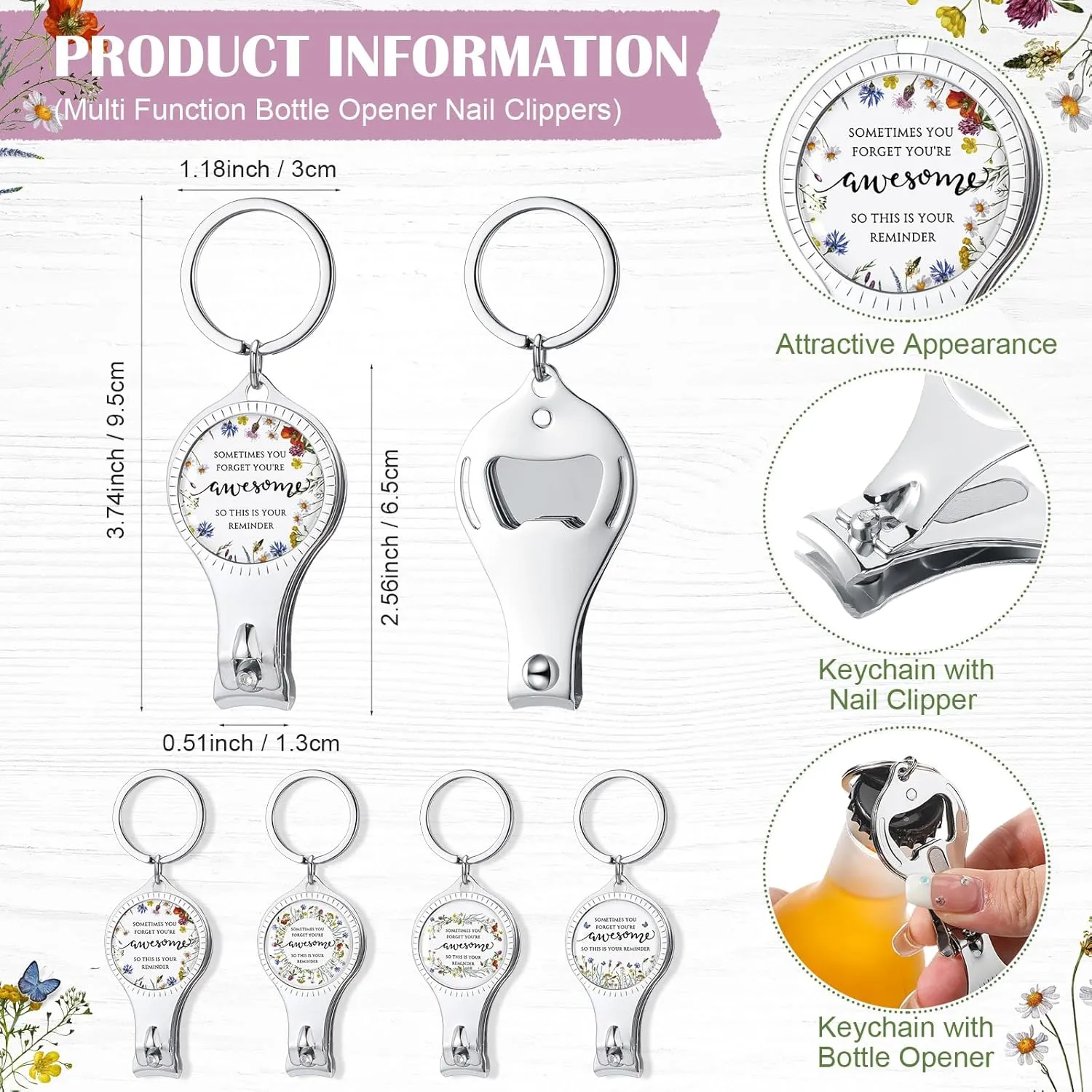 24 Sets Inspirational Gifts for Women Bulk 3 in 1 Nail Clippers Bottle Opener Keychain Sometimes You Forget You're Awesome Appreciation Gifts for Mother's Day Employee Coworker Nurse