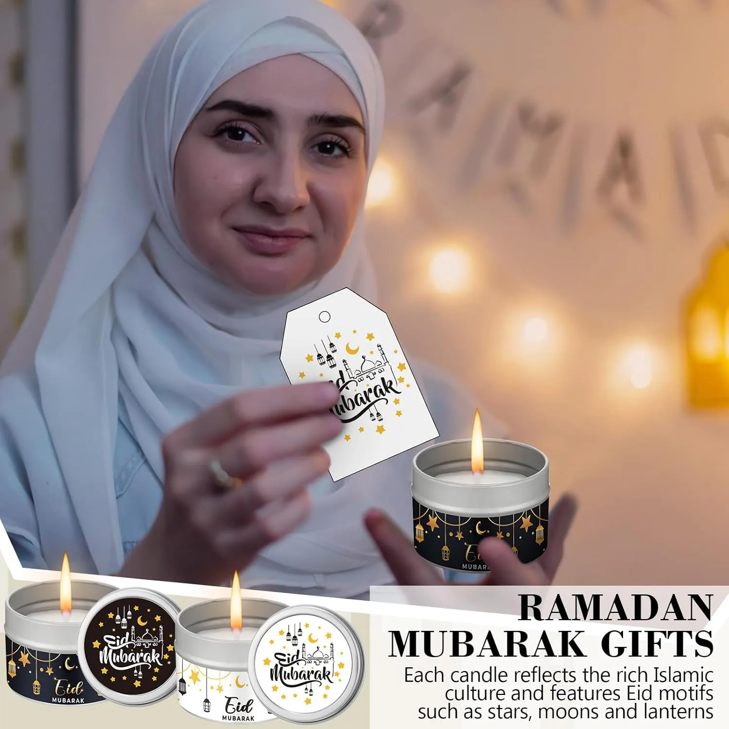 24 Sets Ramadan Gifts Ramadan Mubarak Scented Candle Eid Soy Wax Candles with Organza Bag and Cards Bulk Islamic Allah Arabic Favors for Home Eid Holiday Celebrations Decor (Simple)