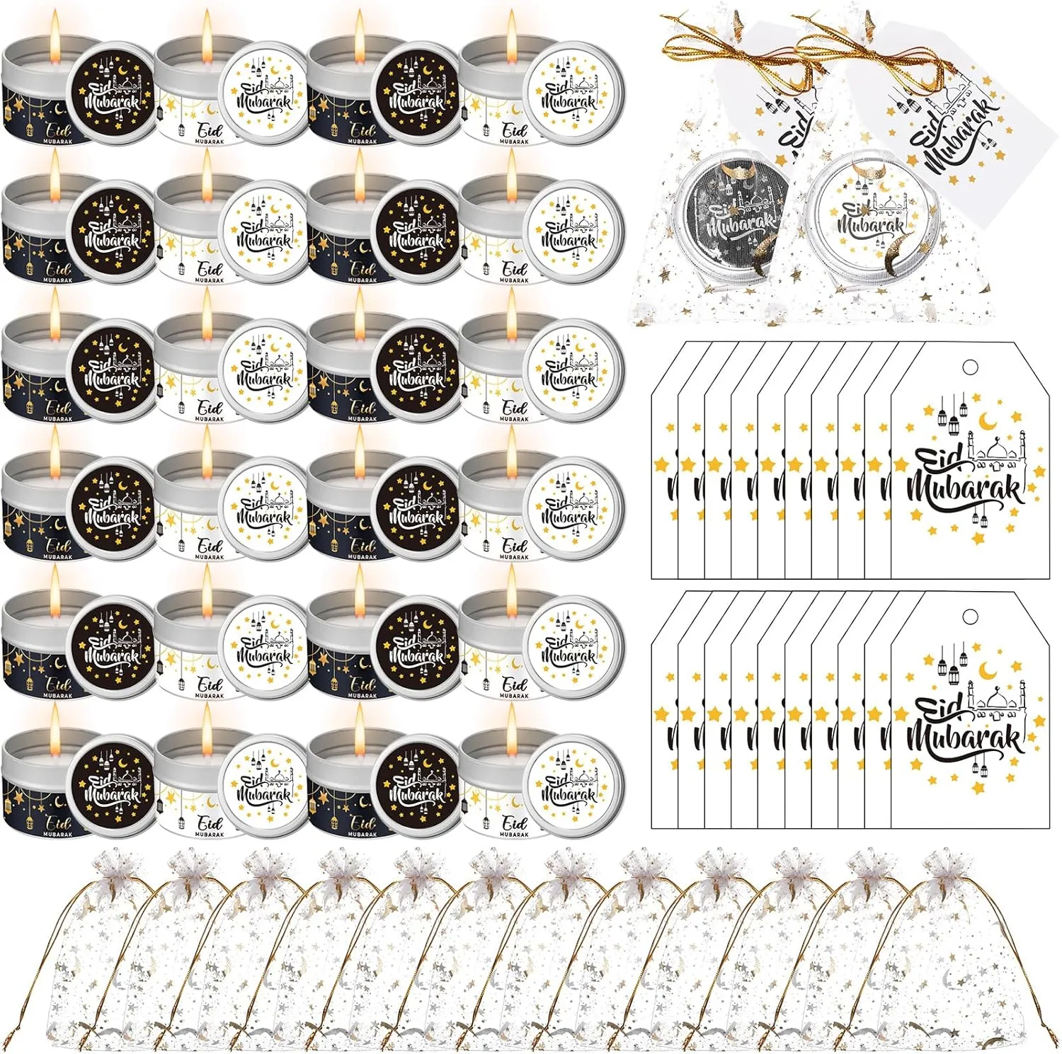 24 Sets Ramadan Gifts Ramadan Mubarak Scented Candle Eid Soy Wax Candles with Organza Bag and Cards Bulk Islamic Allah Arabic Favors for Home Eid Holiday Celebrations Decor (Simple)