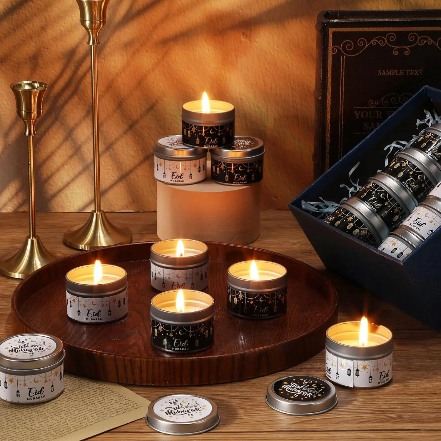 24 Sets Ramadan Gifts Ramadan Mubarak Scented Candle Eid Soy Wax Candles with Organza Bag and Cards Bulk Islamic Allah Arabic Favors for Home Eid Holiday Celebrations Decor (Simple)