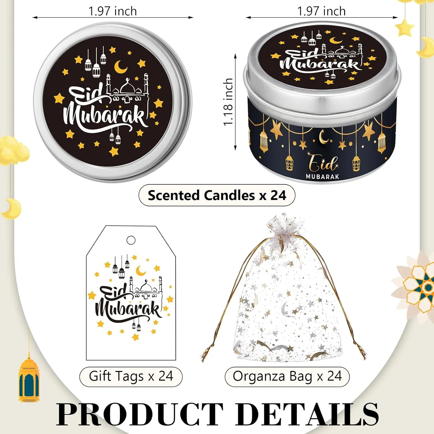 24 Sets Ramadan Gifts Ramadan Mubarak Scented Candle Eid Soy Wax Candles with Organza Bag and Cards Bulk Islamic Allah Arabic Favors for Home Eid Holiday Celebrations Decor (Simple)
