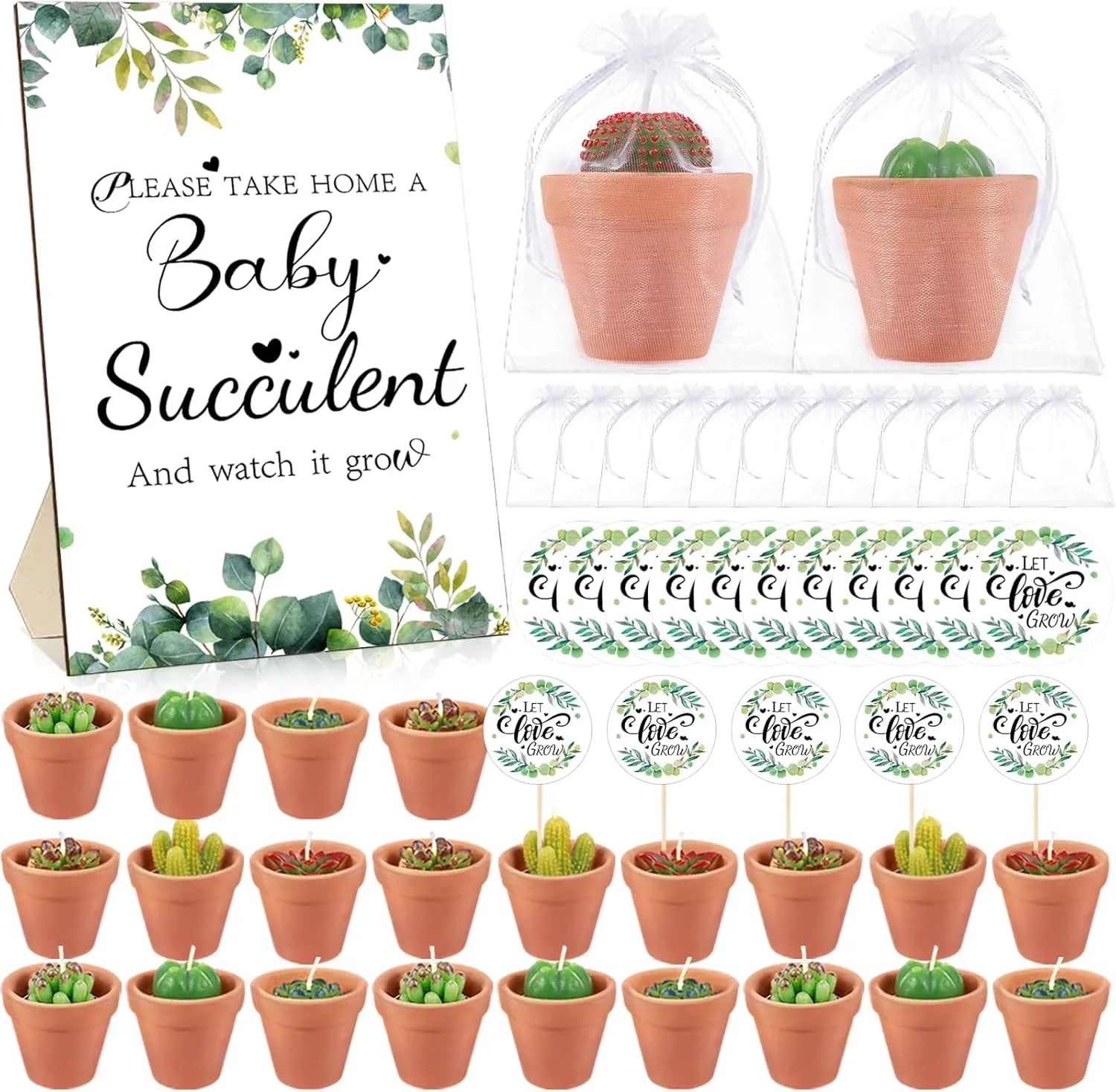 24 Sets Succulent Cactus Tealight Candles Bulk Baby Shower Succulent Party Favors with Terracotta Pot Organza Bag Plant Label Baby Shower Thank You Gifts for Guests Birthday Christmas Wedding Party