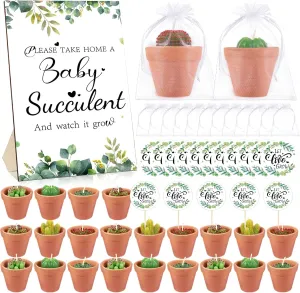 24 Sets Succulent Cactus Tealight Candles Bulk Baby Shower Succulent Party Favors with Terracotta Pot Organza Bag Plant Label Baby Shower Thank You Gifts for Guests Birthday Christmas Wedding Party