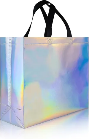 25 Pcs Iridescent Glossy Reusable Gift Bags with Handles & Sturdy Bases, 12.6x4.7x11 In Non-woven Party Gift Bags Bulk for Birthday, Wedding, Easter, Holiday