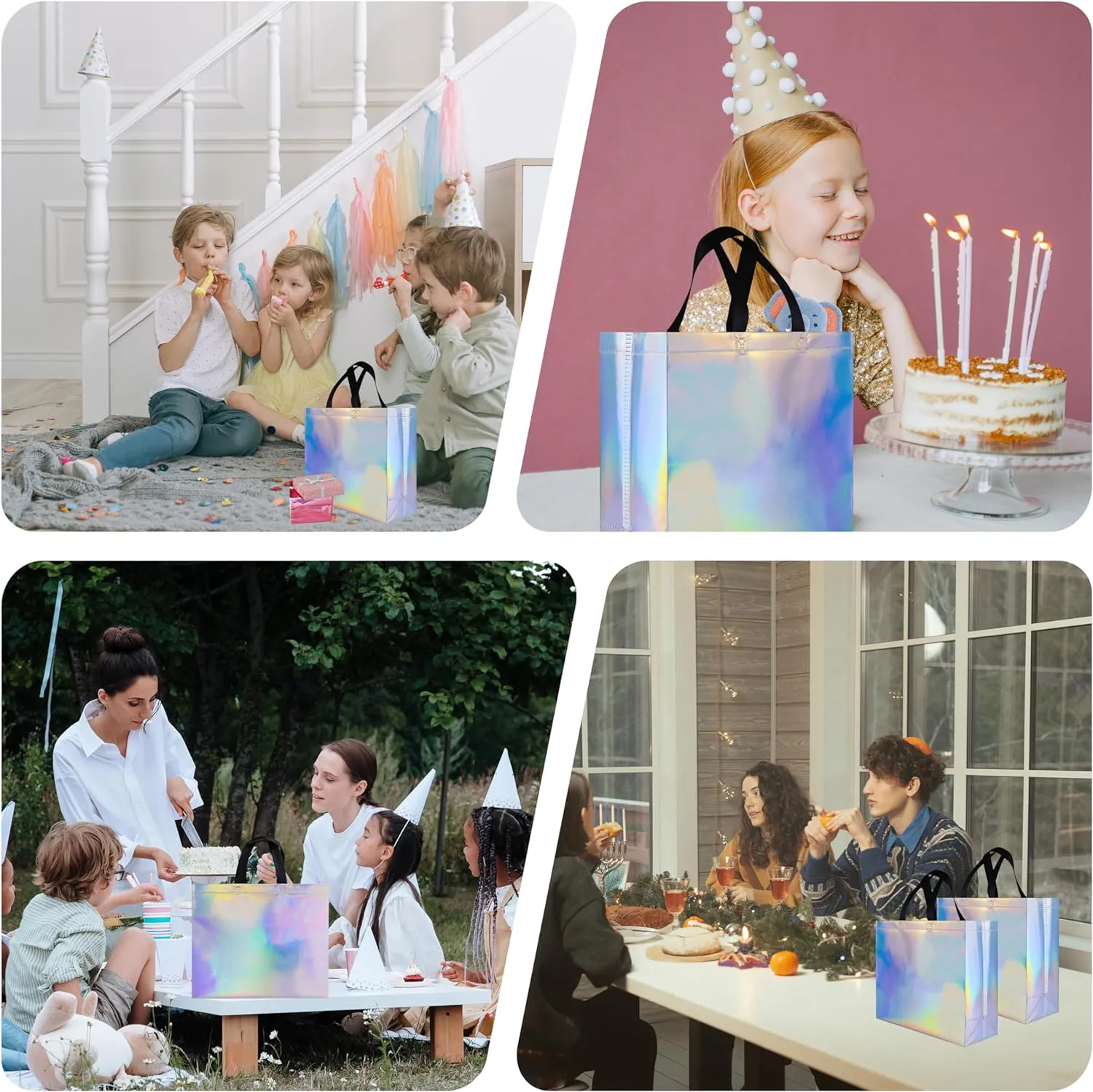 25 Pcs Iridescent Glossy Reusable Gift Bags with Handles & Sturdy Bases, 12.6x4.7x11 In Non-woven Party Gift Bags Bulk for Birthday, Wedding, Easter, Holiday