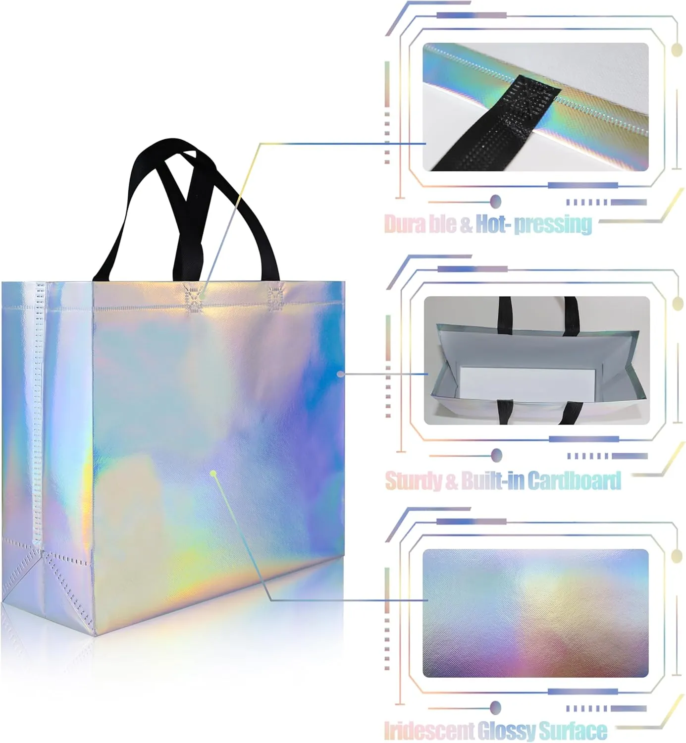 25 Pcs Iridescent Glossy Reusable Gift Bags with Handles & Sturdy Bases, 12.6x4.7x11 In Non-woven Party Gift Bags Bulk for Birthday, Wedding, Easter, Holiday