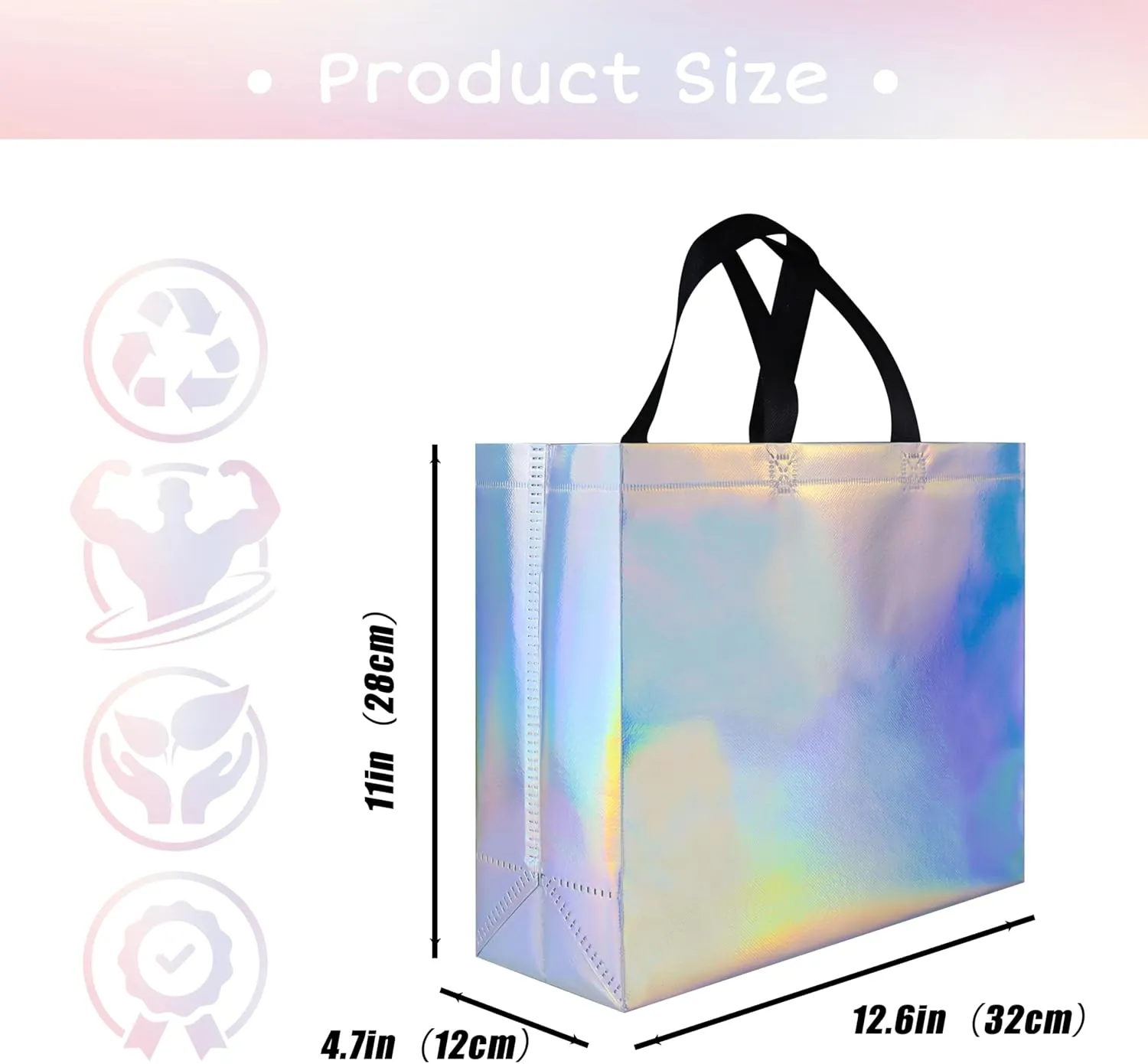 25 Pcs Iridescent Glossy Reusable Gift Bags with Handles & Sturdy Bases, 12.6x4.7x11 In Non-woven Party Gift Bags Bulk for Birthday, Wedding, Easter, Holiday