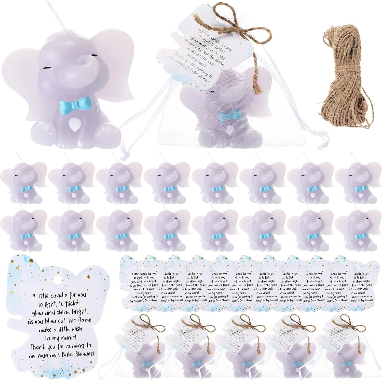 25 Set Baby Shower Candles Favors for Guests 25 Elephant Candles Gender Reveal Candles Cute Candles 25 Elephant Thank You Card and Gift Bags Girl Boy Baby Shower Return Gifts for Guest (Blue)