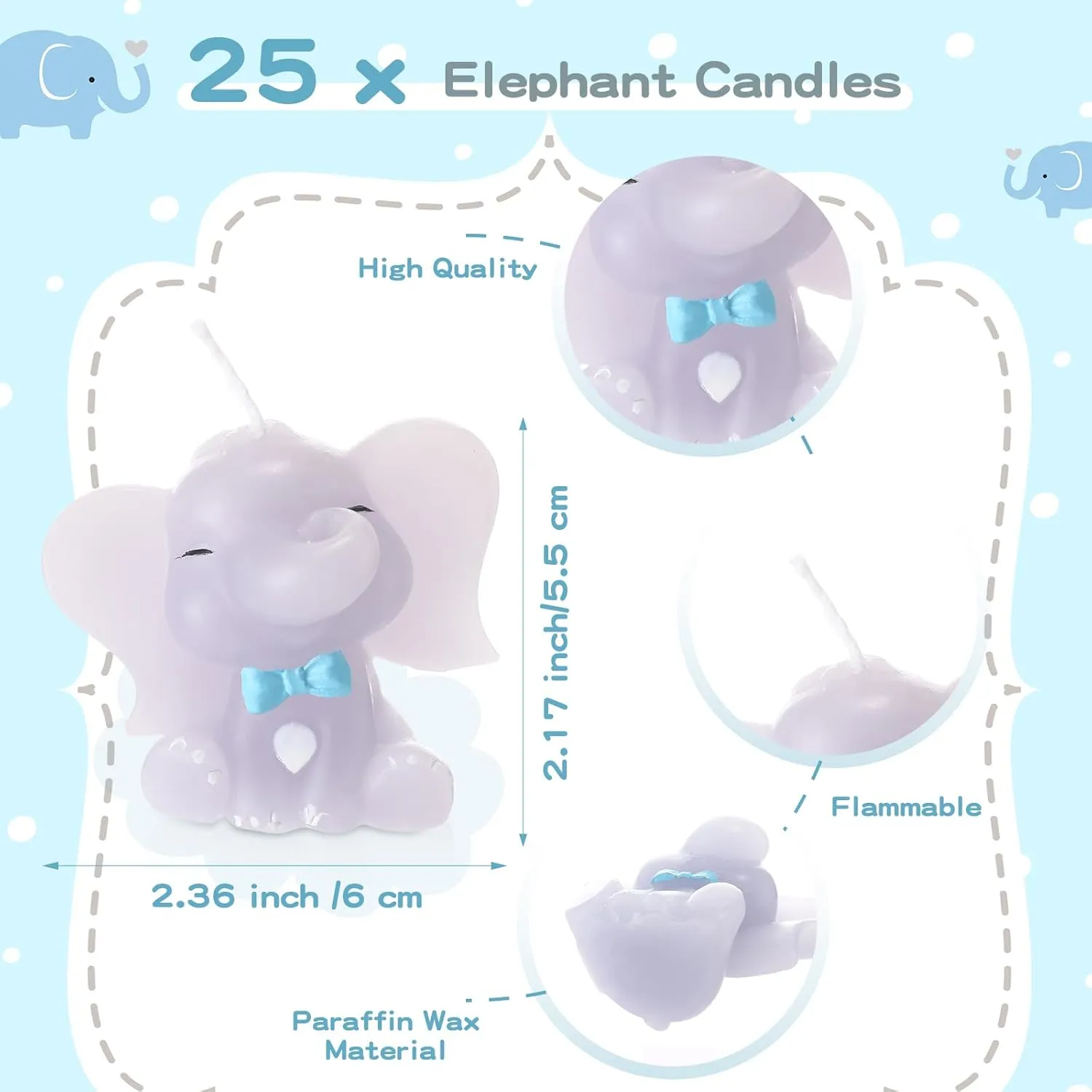 25 Set Baby Shower Candles Favors for Guests 25 Elephant Candles Gender Reveal Candles Cute Candles 25 Elephant Thank You Card and Gift Bags Girl Boy Baby Shower Return Gifts for Guest (Blue)
