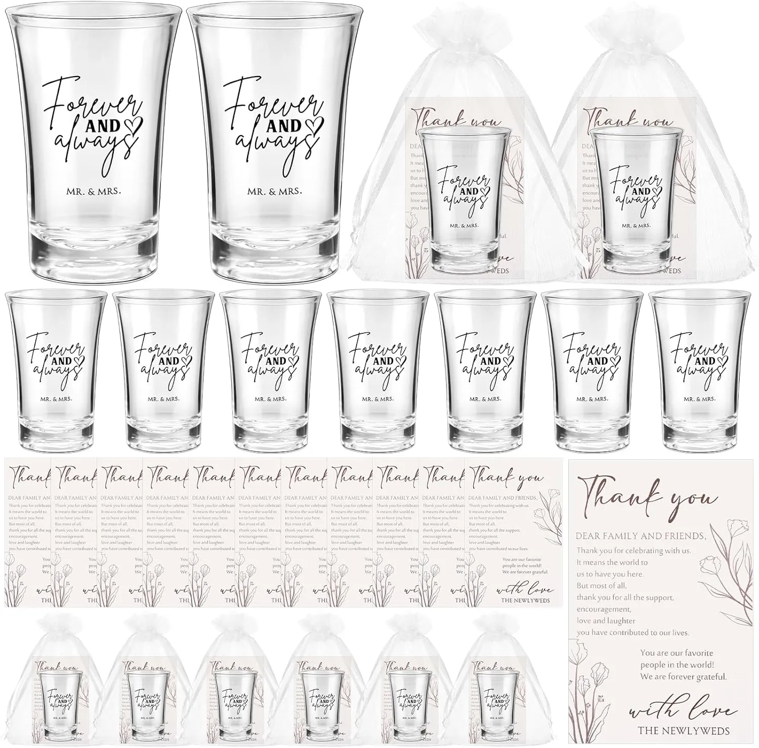 25 Set Wedding Favors for Guests Wedding Shot Glasses Forever and Always Acrylic Clear Shot Glasses Mr and Mrs Wine Glasses with Thank You Card Organza Bag Bridal Shower Souvenirs Gift